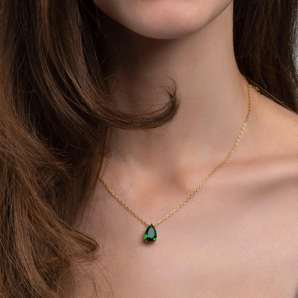 Gold Plated Green Pear Pendant Necklace for Women.