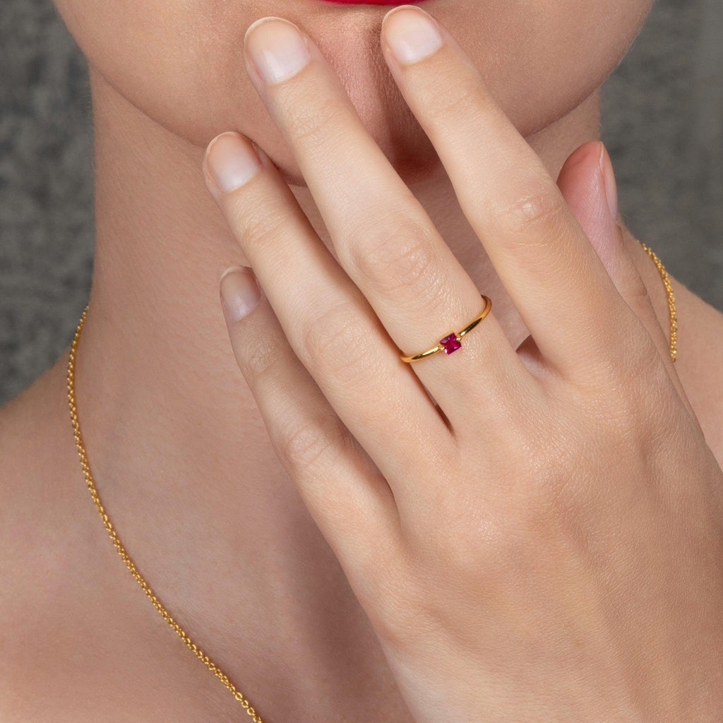 Adjustable Gold Plated Pink Ring for Women with a Square Zirconia Stone - namana.london