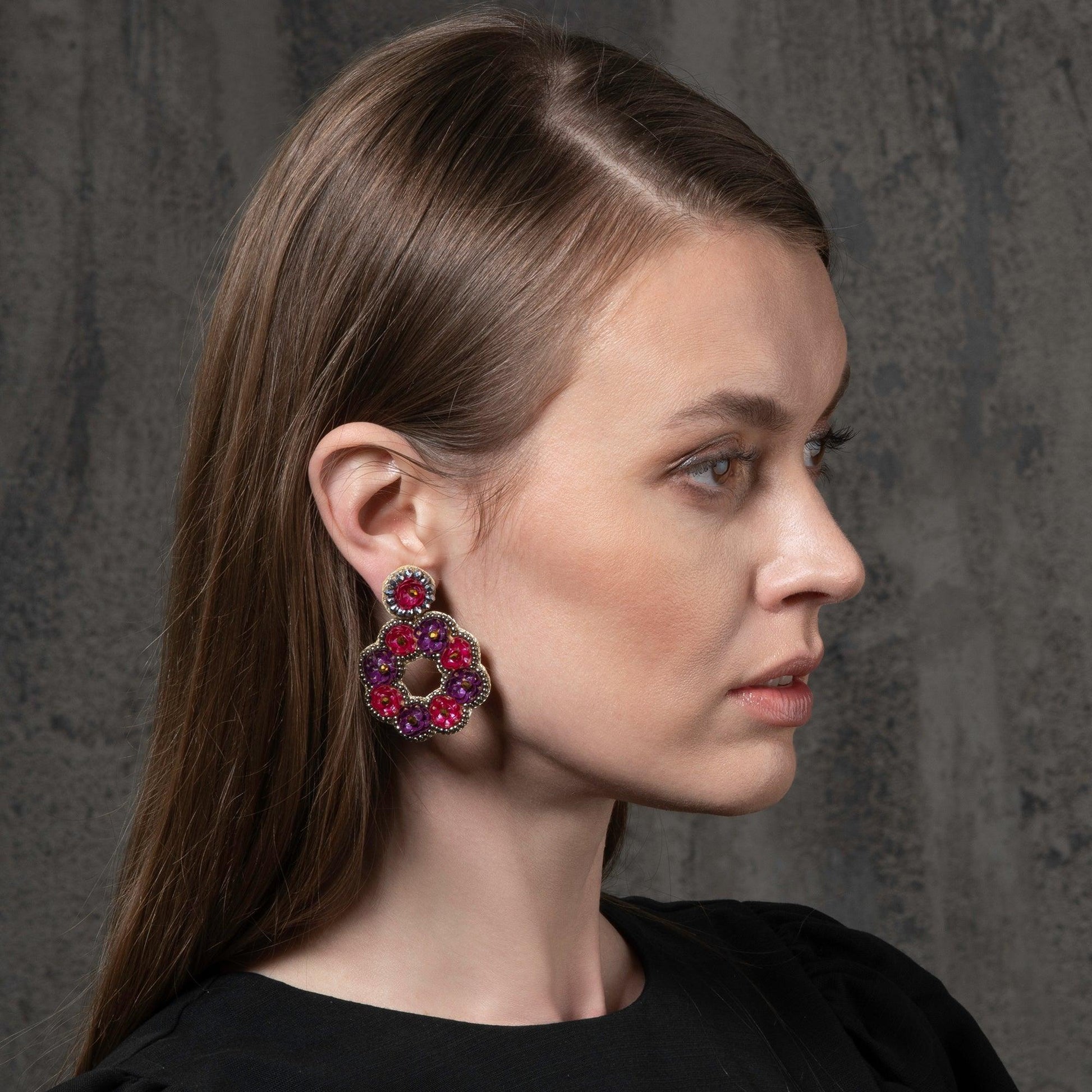Large Pink and Purple Flower Statement Earrings for Women - namana.london