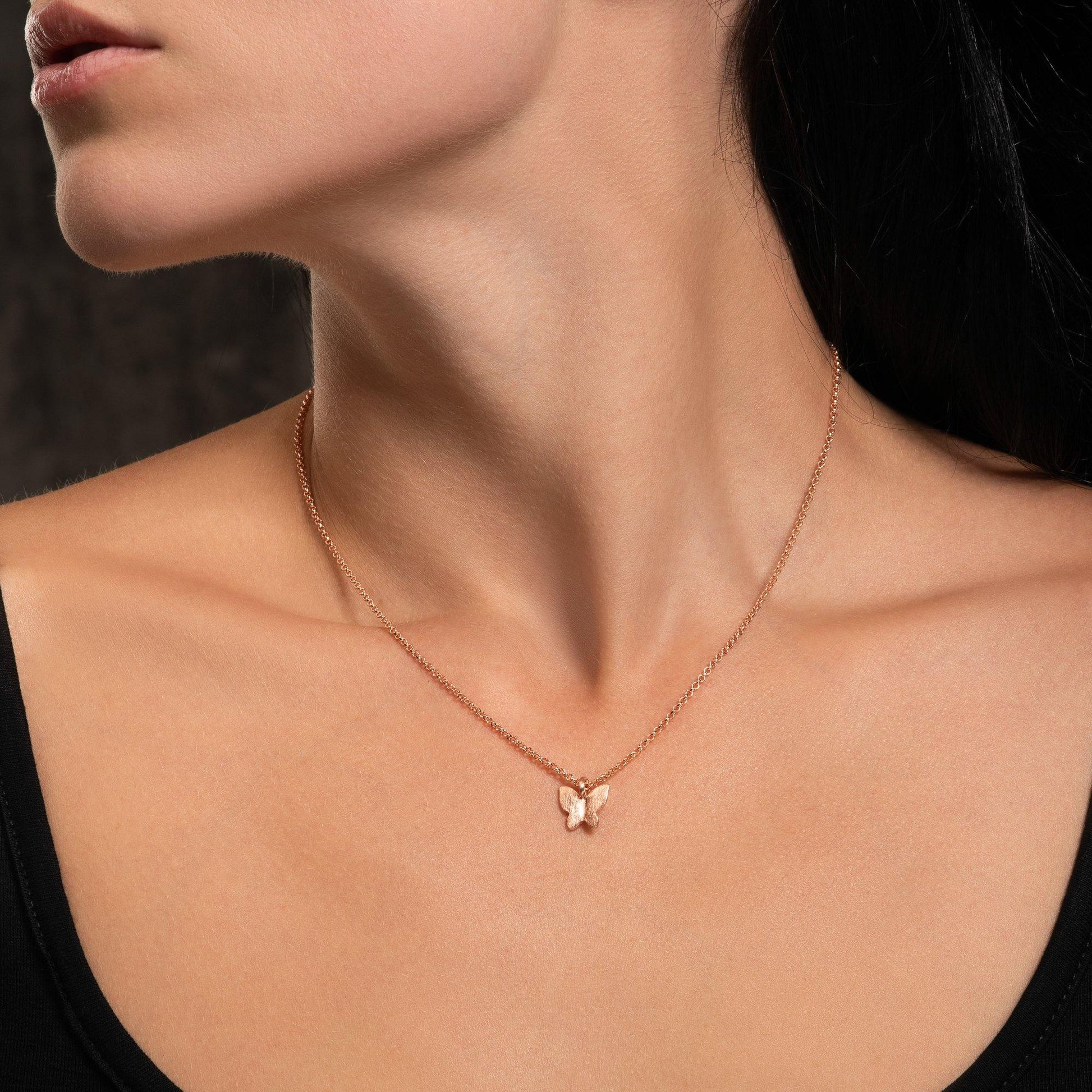 Rose Gold Butterfly Pendant Necklace with Brushed Finish - namana.london