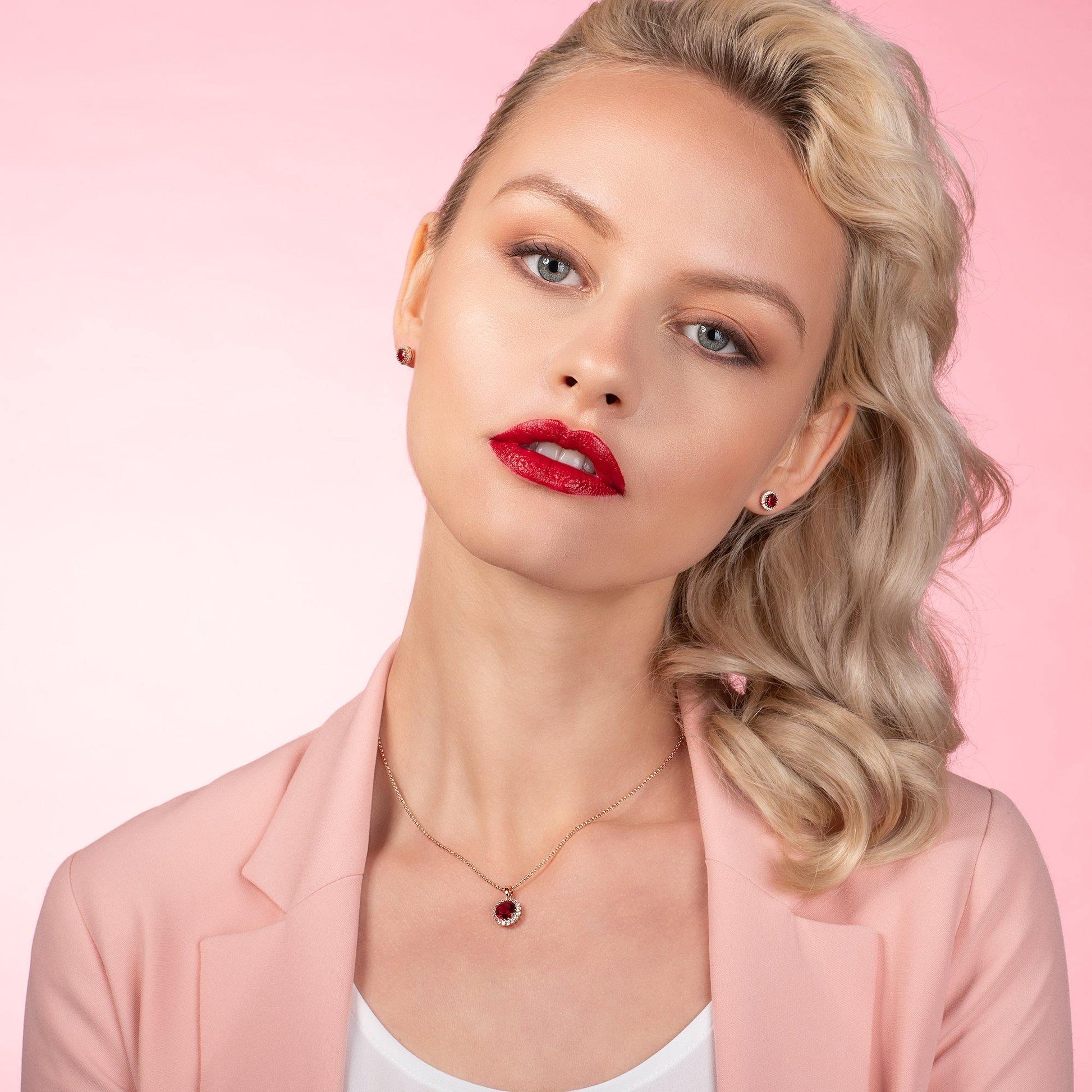 Rose Gold Halo Pendant Necklace with a Red Cubic Zirconia Stone - namana.london