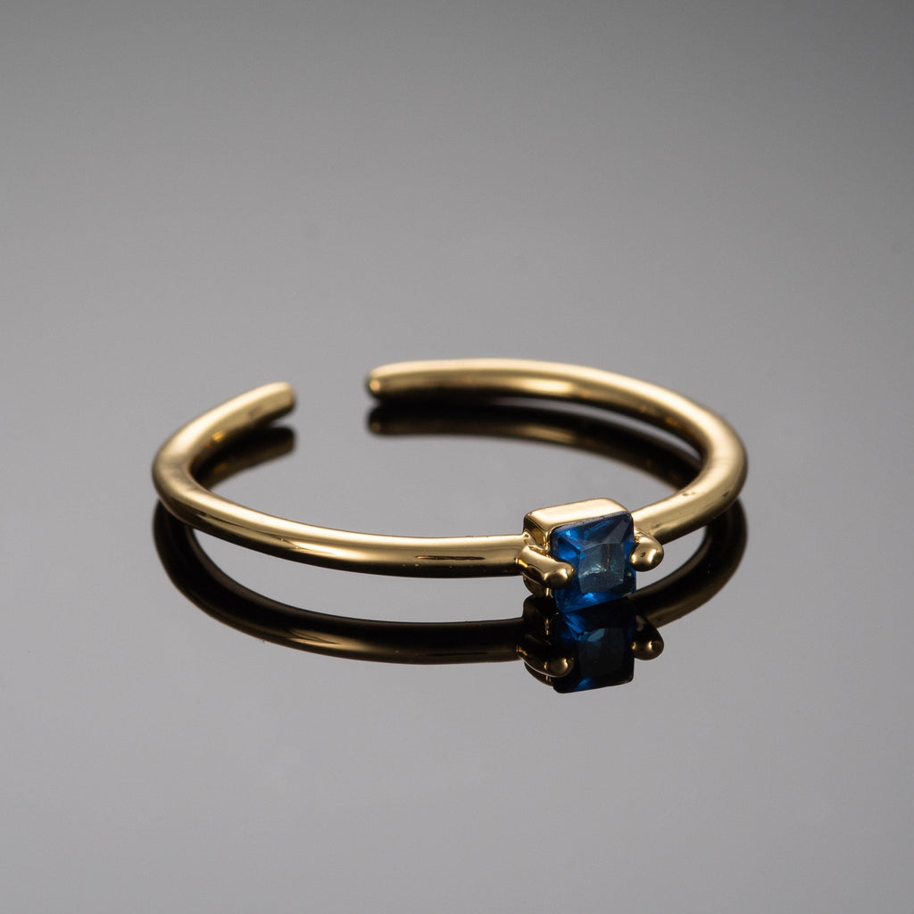 Adjustable Gold Plated Ring for Women with a Blue Cubic Zirconia Stone