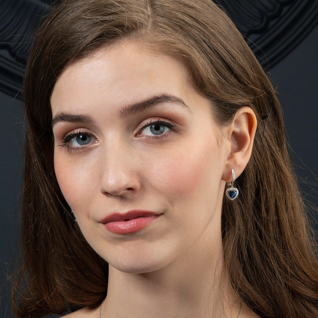 Sterling Silver Heart Earrings for Women With Blue Stones and Cubic Zirconia Gemtones - namana.london