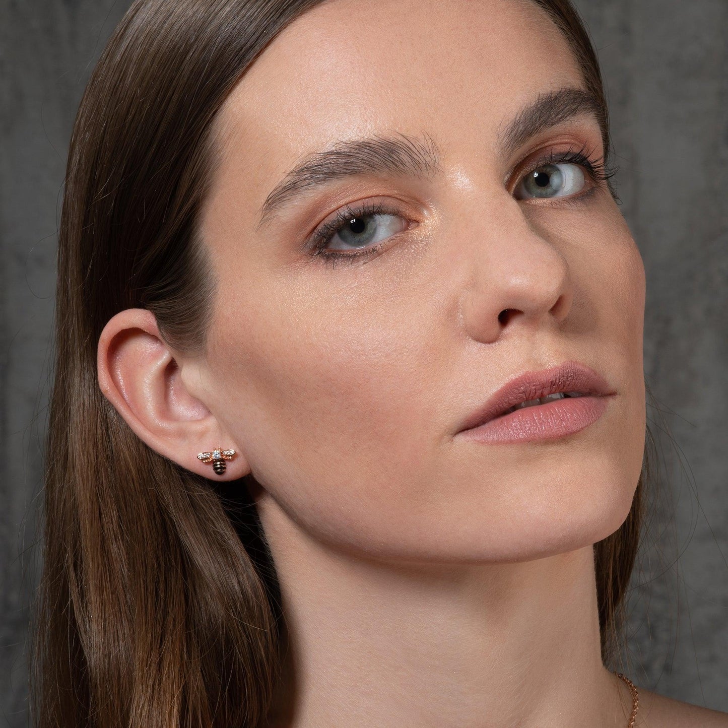 Rose Gold Bumble Bee Stud Earrings with Cubic Zirconia and Black Enamel - namana.london