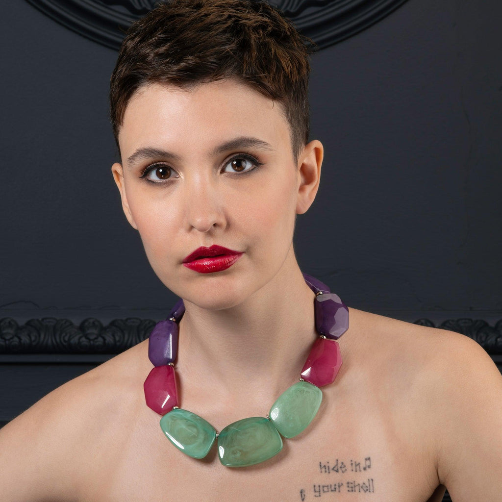 Chunky Green, Pink and Purple Statement Necklace for Women