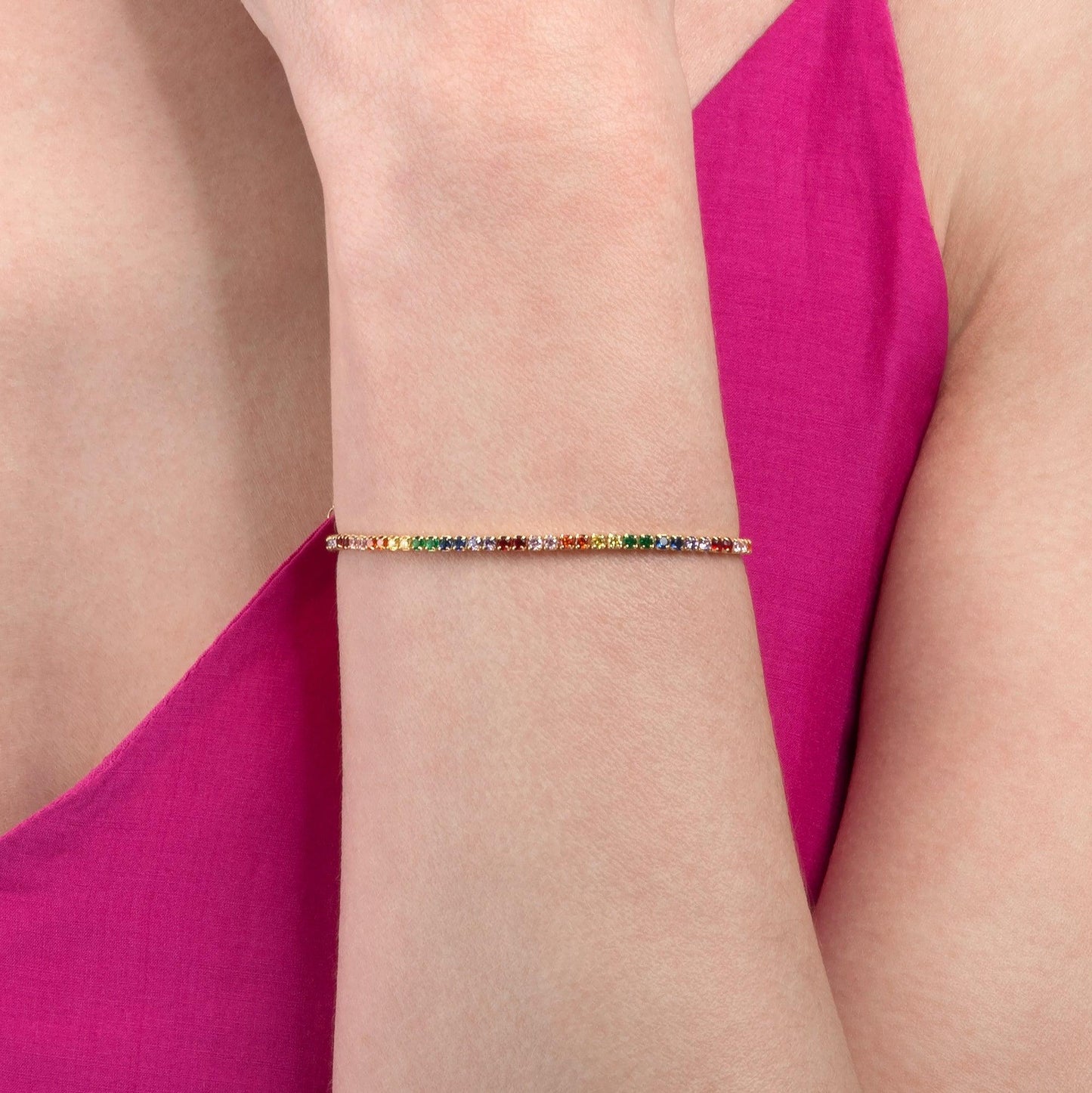 Gold Plated Skinny Rainbow Tennis Bracelet for Women - namana.london