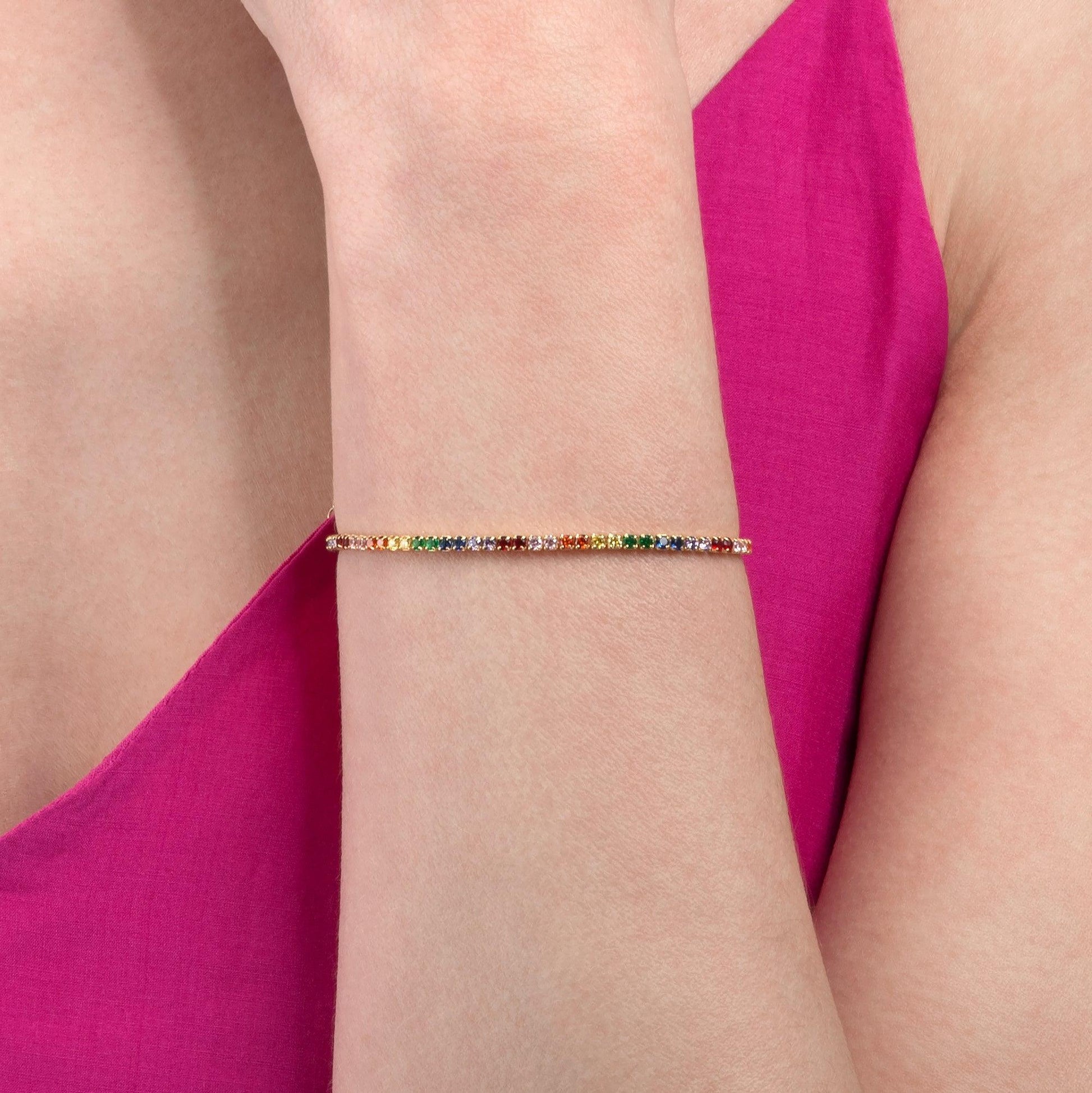 Gold Plated Skinny Rainbow Tennis Bracelet for Women - namana.london