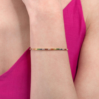 Gold Plated Skinny Rainbow Tennis Bracelet for Women - namana.london