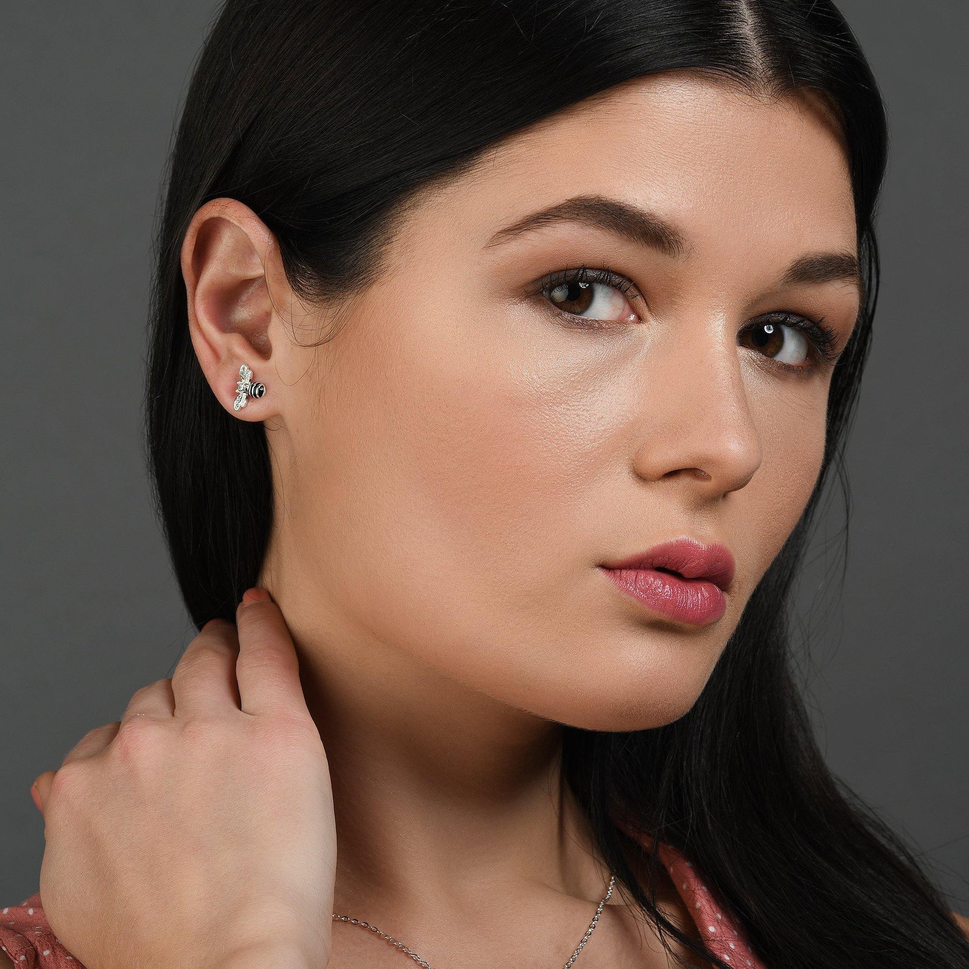 Bumble Bee Stud Earrings with Cubic Zirconia and Black Enamel - namana.london
