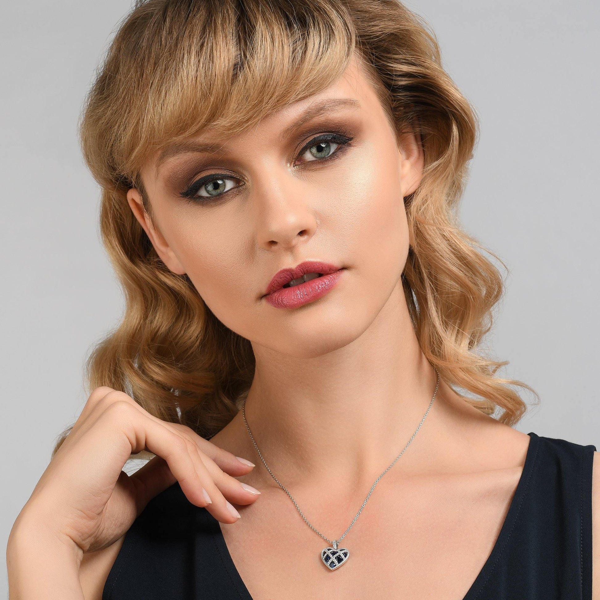 Sterling Silver Lattice Heart Necklace for Women with Blue Stones - namana.london