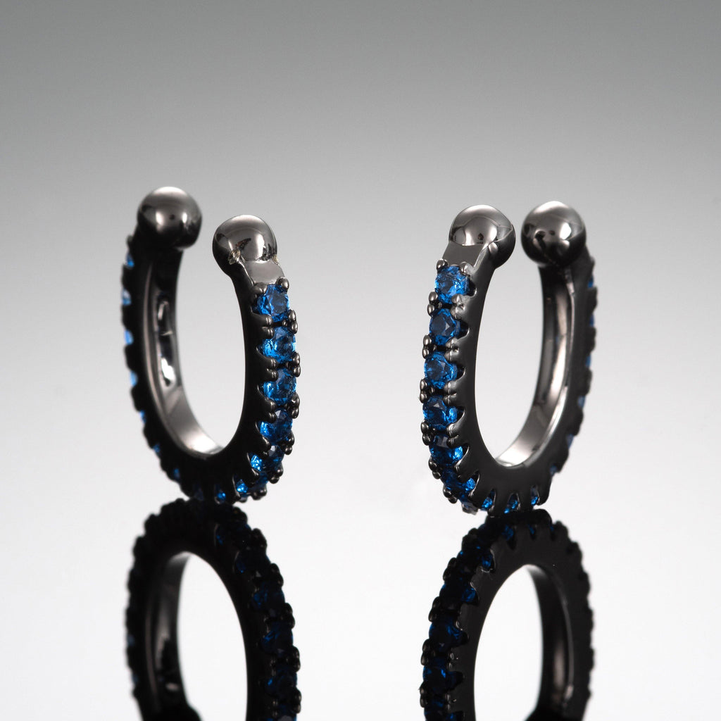Pair of Black Ear Cuff Earrings with Blue Cubic Zirconia Stones - namana.london