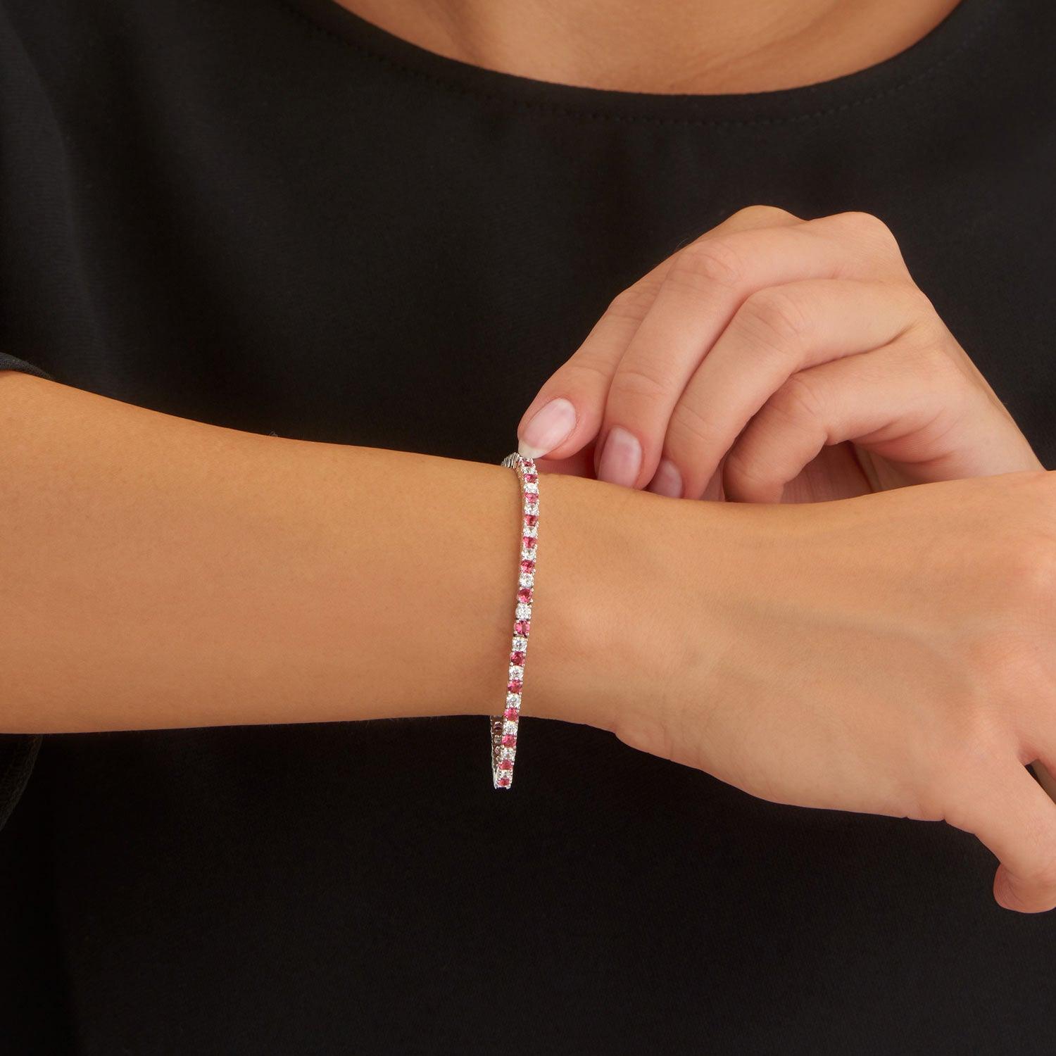 925 Sterling Silver Tennis Bracelet with Pink/Red & White Cubic Zirconia - namana.london