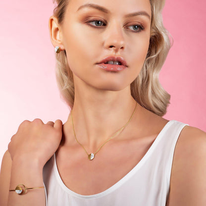 Gold Disc Pendant Necklace with a Created White Agate - namana.london