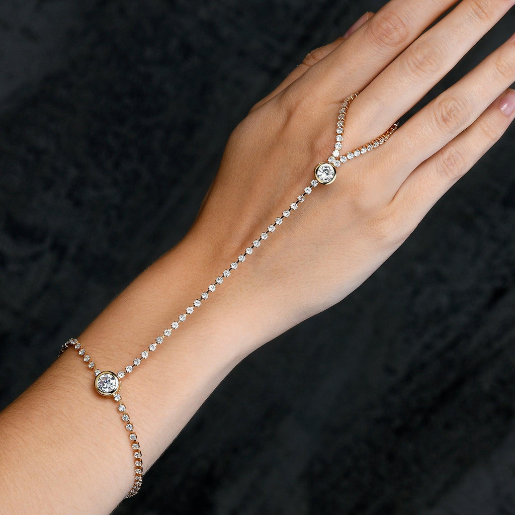 Gold Plated Diamante Hand and Ring Slave Bracelet for Women - namana.london