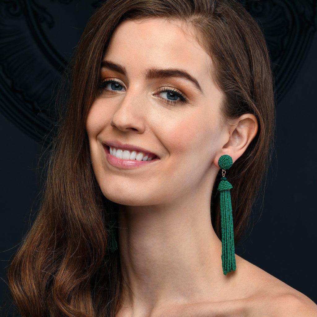 Long Beaded Green Tassel Earrings for Women - namana.london