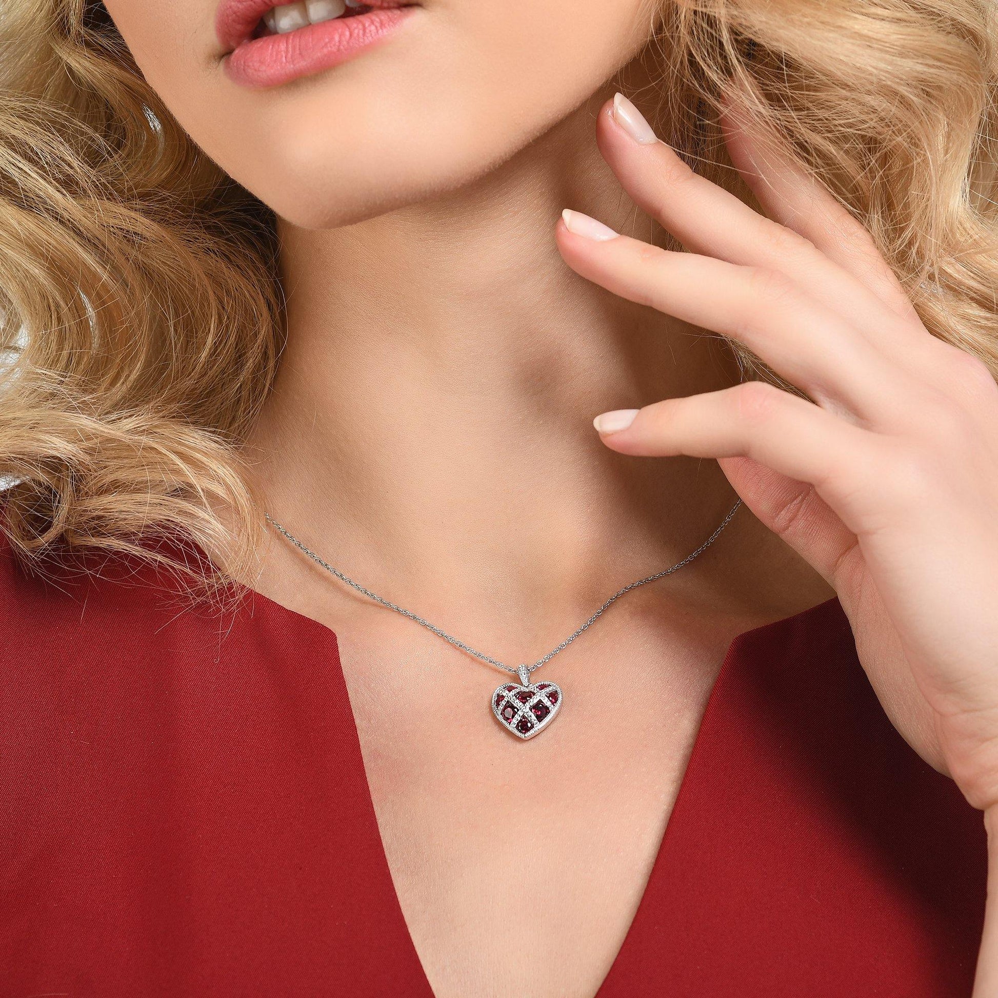 Sterling Silver Lattice Heart Necklace for Women with Red Stones - namana.london