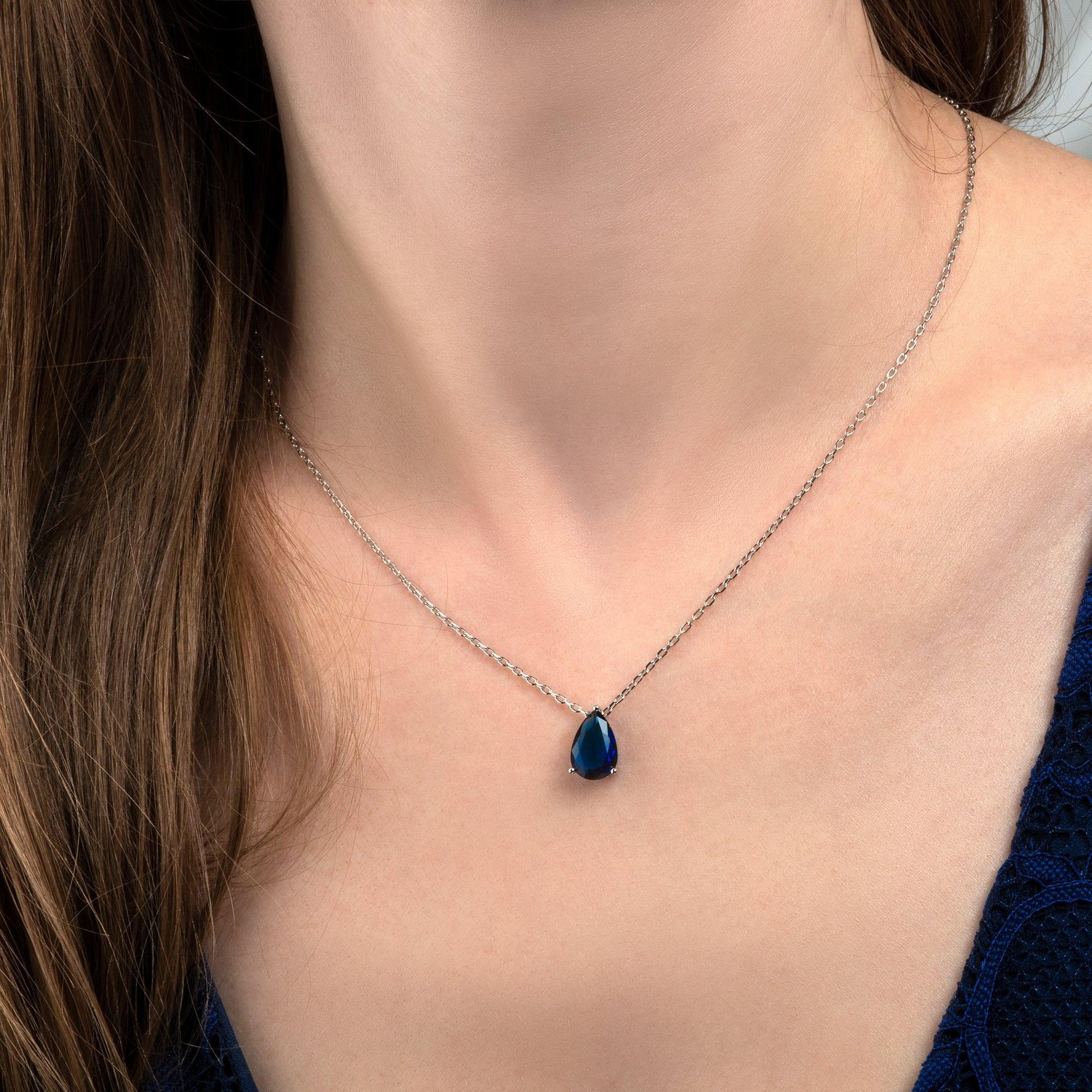 925 Sterling Silver Blue Pear Pendant Necklace for Women. - namana.london