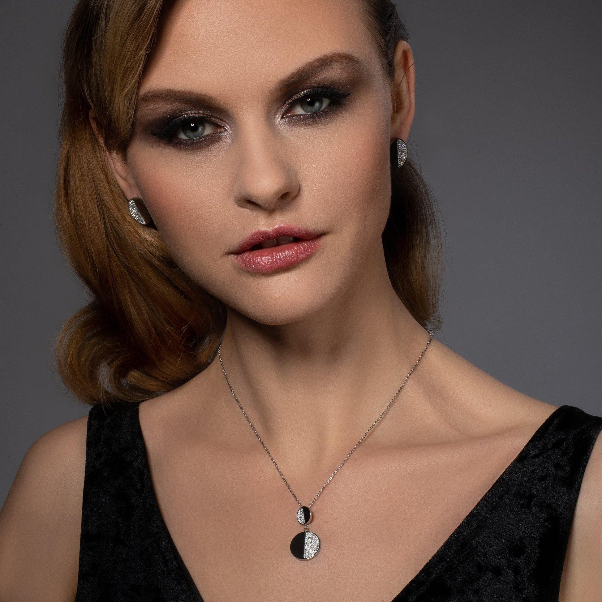 Double Disc Pendant Necklace with Swarovski Crystals - namana.london