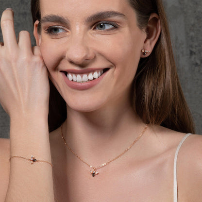 Rose Gold Bumble Bee Stud Earrings with Cubic Zirconia and Black Enamel - namana.london