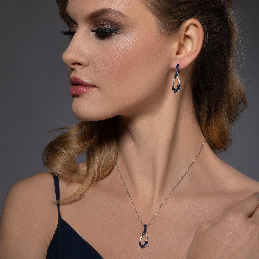 Sterling Silver Long Drop Earrings for Women with Blue Stones and Cubic Zirconia Gemstones - namana.london