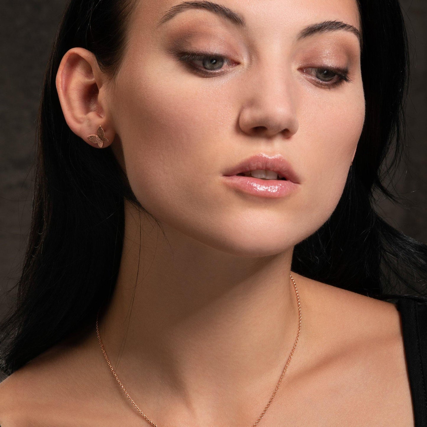 Rose Gold Butterfly Stud Earrings with Brushed Finish - namana.london