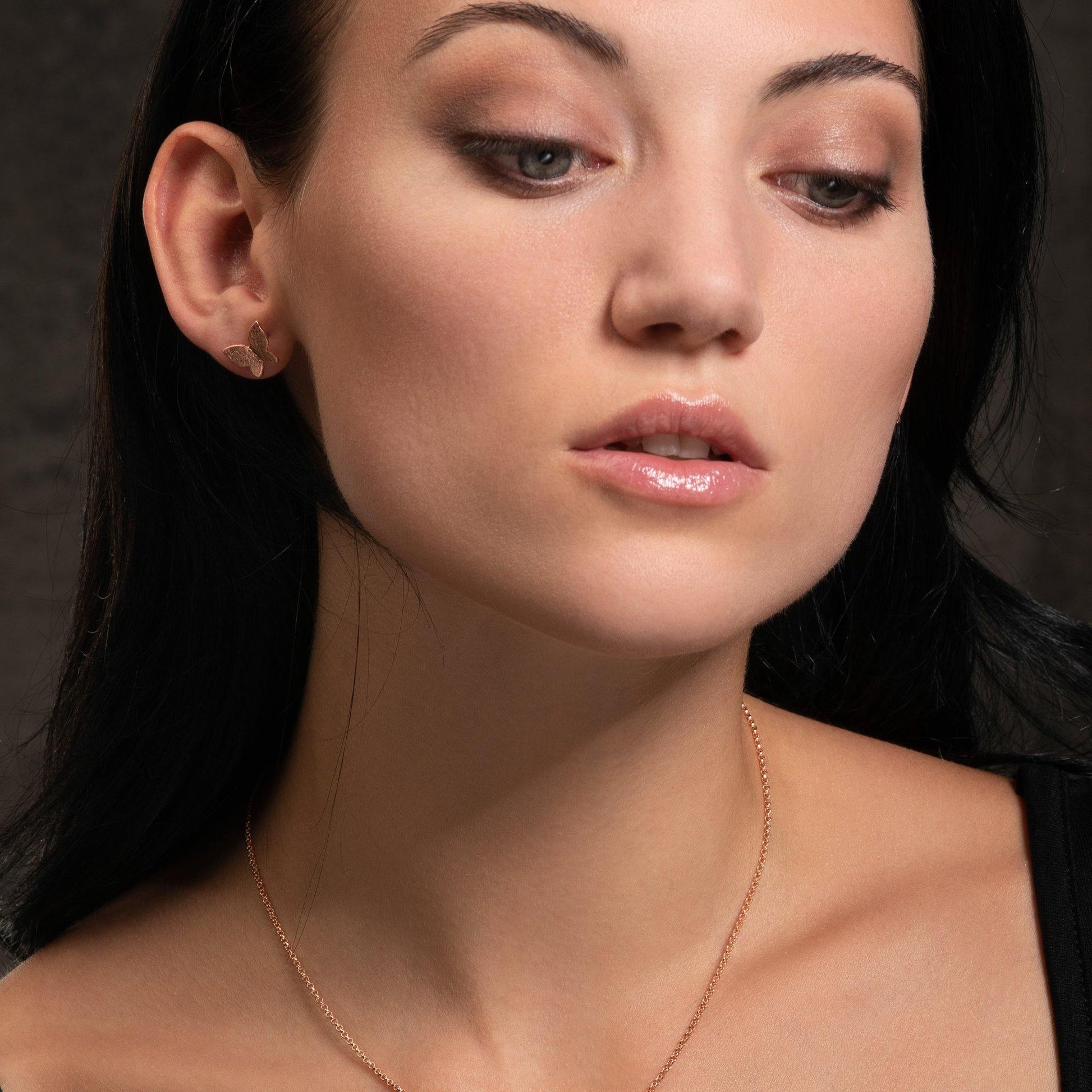 Rose Gold Butterfly Stud Earrings with Brushed Finish - namana.london