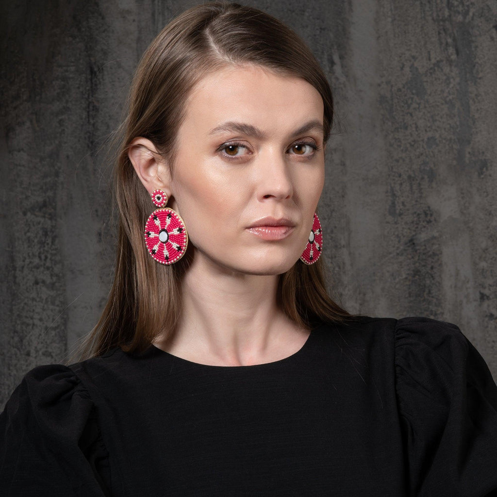 Large Pink Beaded Statement Earrings for Women