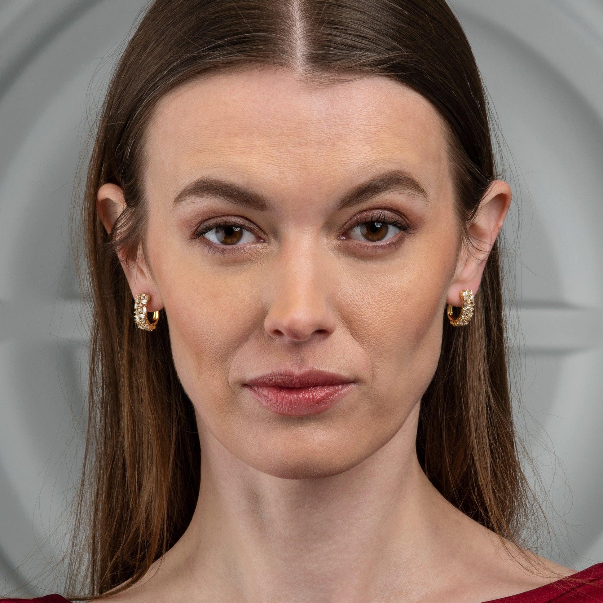 Gold Plated Hoop Earrings for Women with Baguette Stones - namana.london