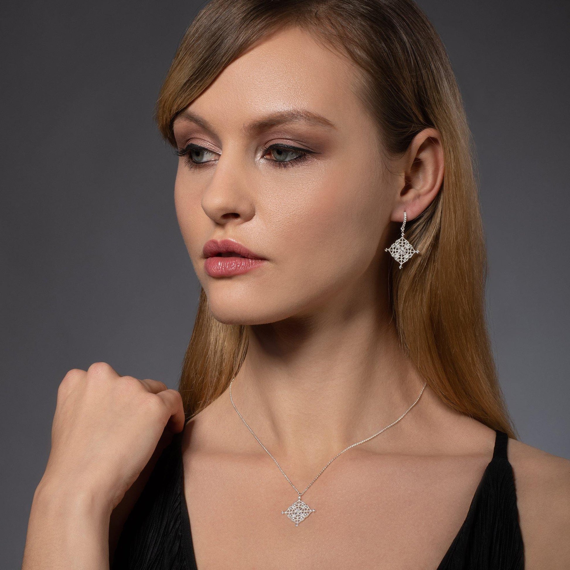 Arabesque Filigree Silver Dangle Earrings with Cubic Zirconia - namana.london