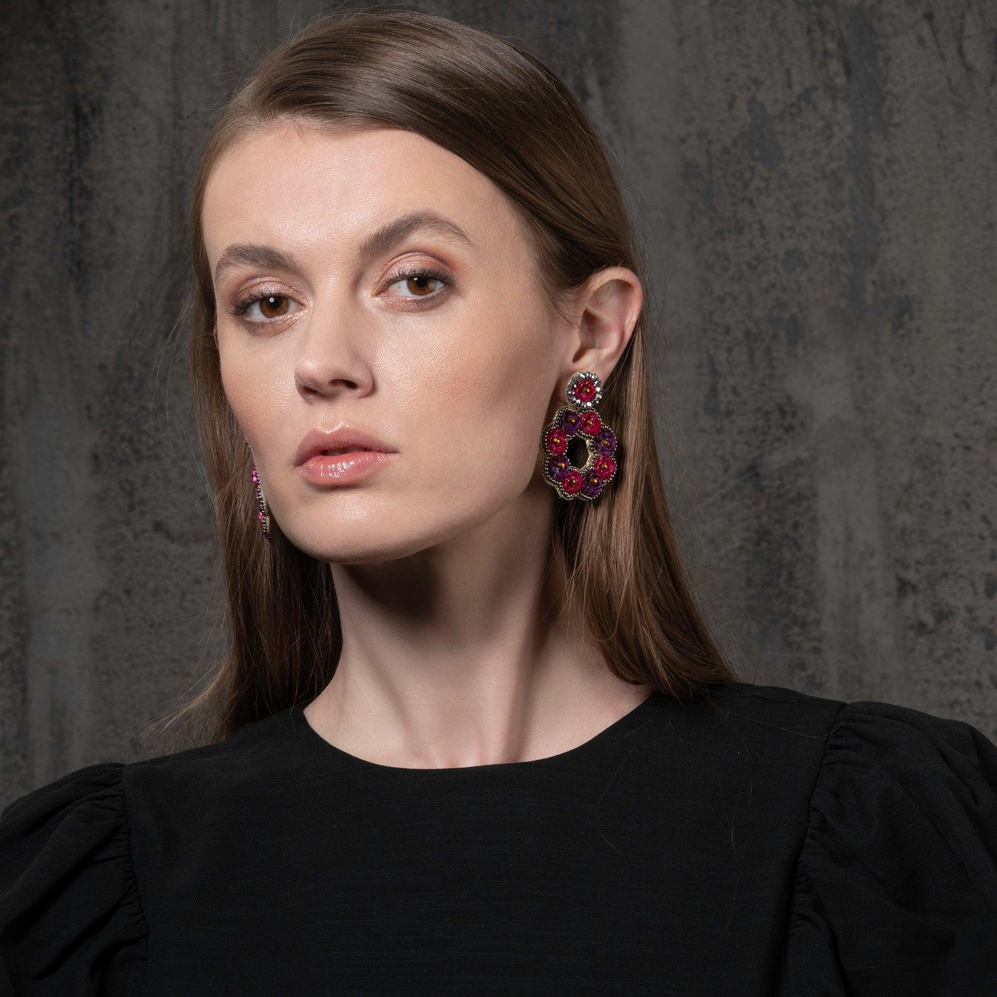 Large Pink and Purple Flower Statement Earrings for Women - namana.london