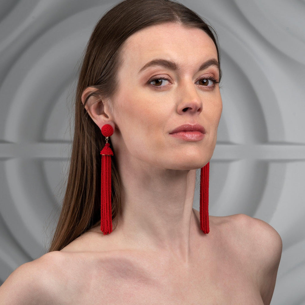 Long Beaded Red Tassel Earrings for Women