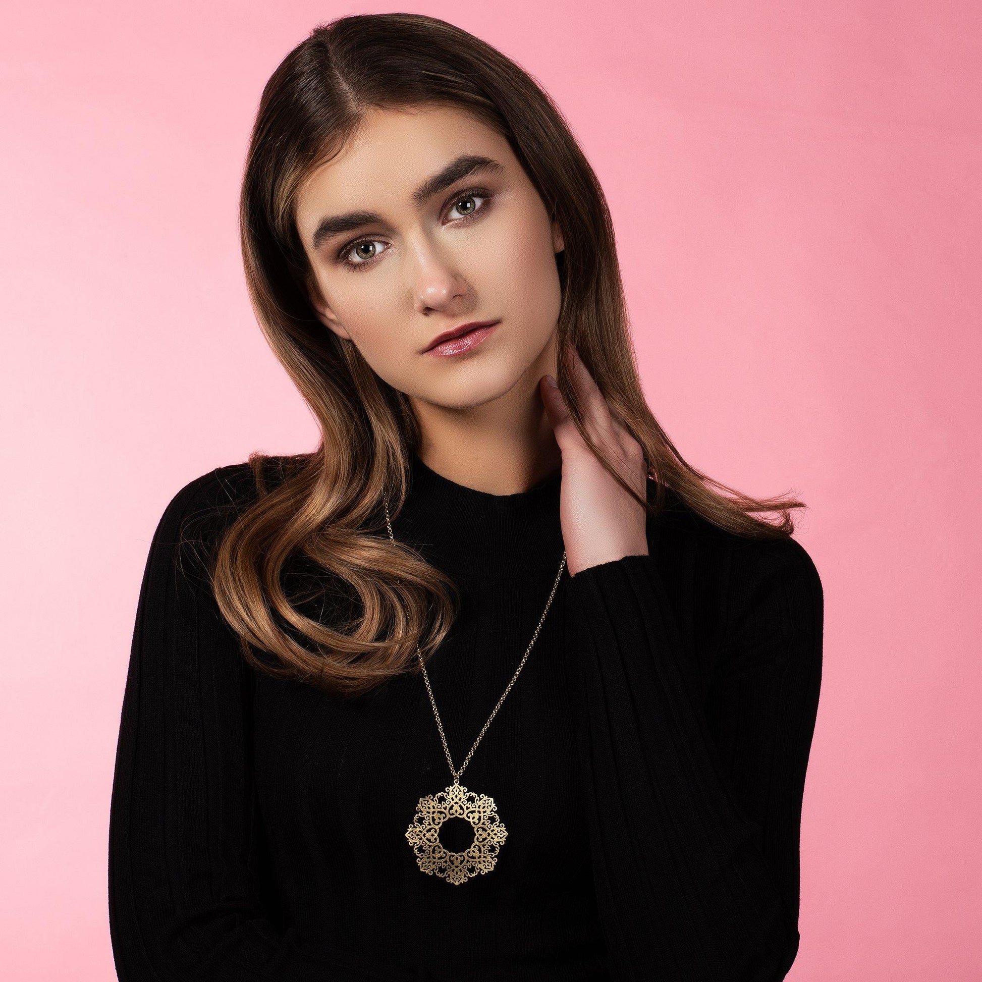 Long Gold Mandala Pendant Necklace with Brushed Finish - namana.london