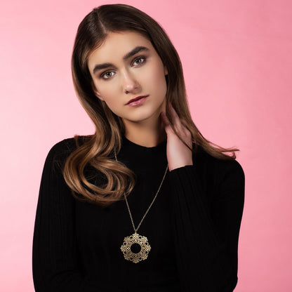 Long Gold Mandala Pendant Necklace with Brushed Finish - namana.london