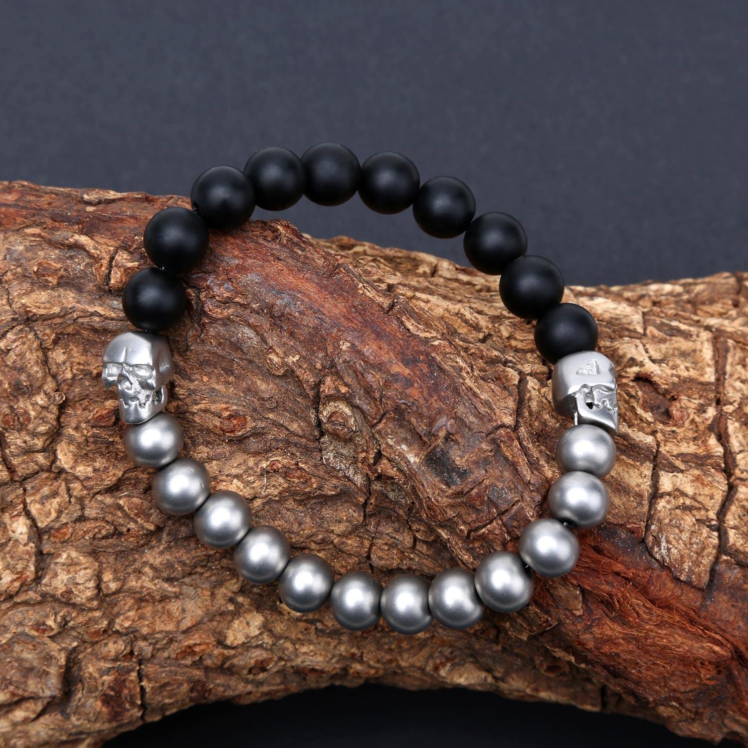 Skull Bead Stretch Bracelet for Men in Steel and Black Agates - namana.london