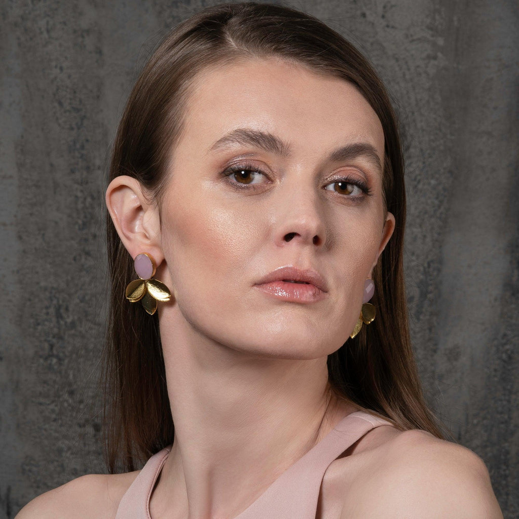 Large Gold Statement Earrings with Rose Chalcedony - namana.london