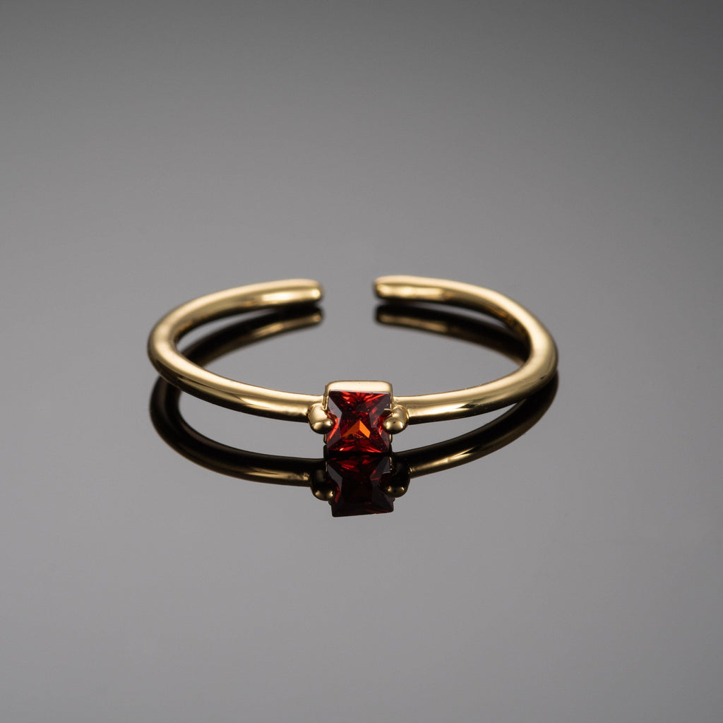 Adjustable Gold Plated Ring for Women with a Red Cubic Zirconia Stone - namana.london