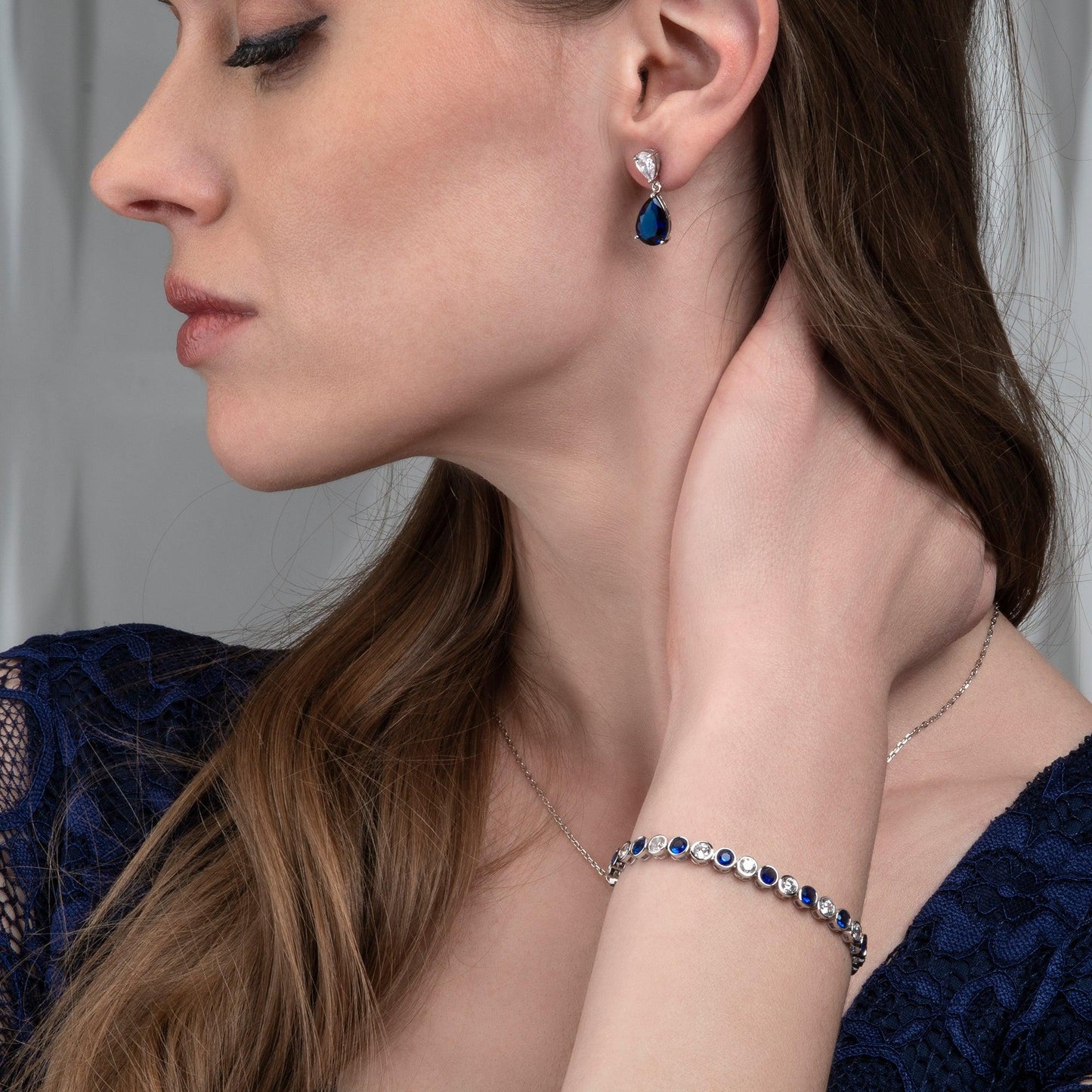 925 Sterling Silver Tennis Bracelet with Bezel Set Blue & White Cubic Zirconia - namana.london