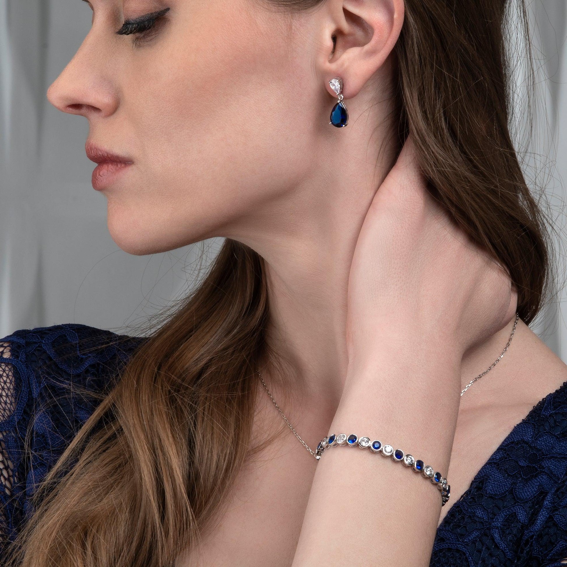 925 Sterling Silver Tennis Bracelet with Bezel Set Blue & White Cubic Zirconia - namana.london