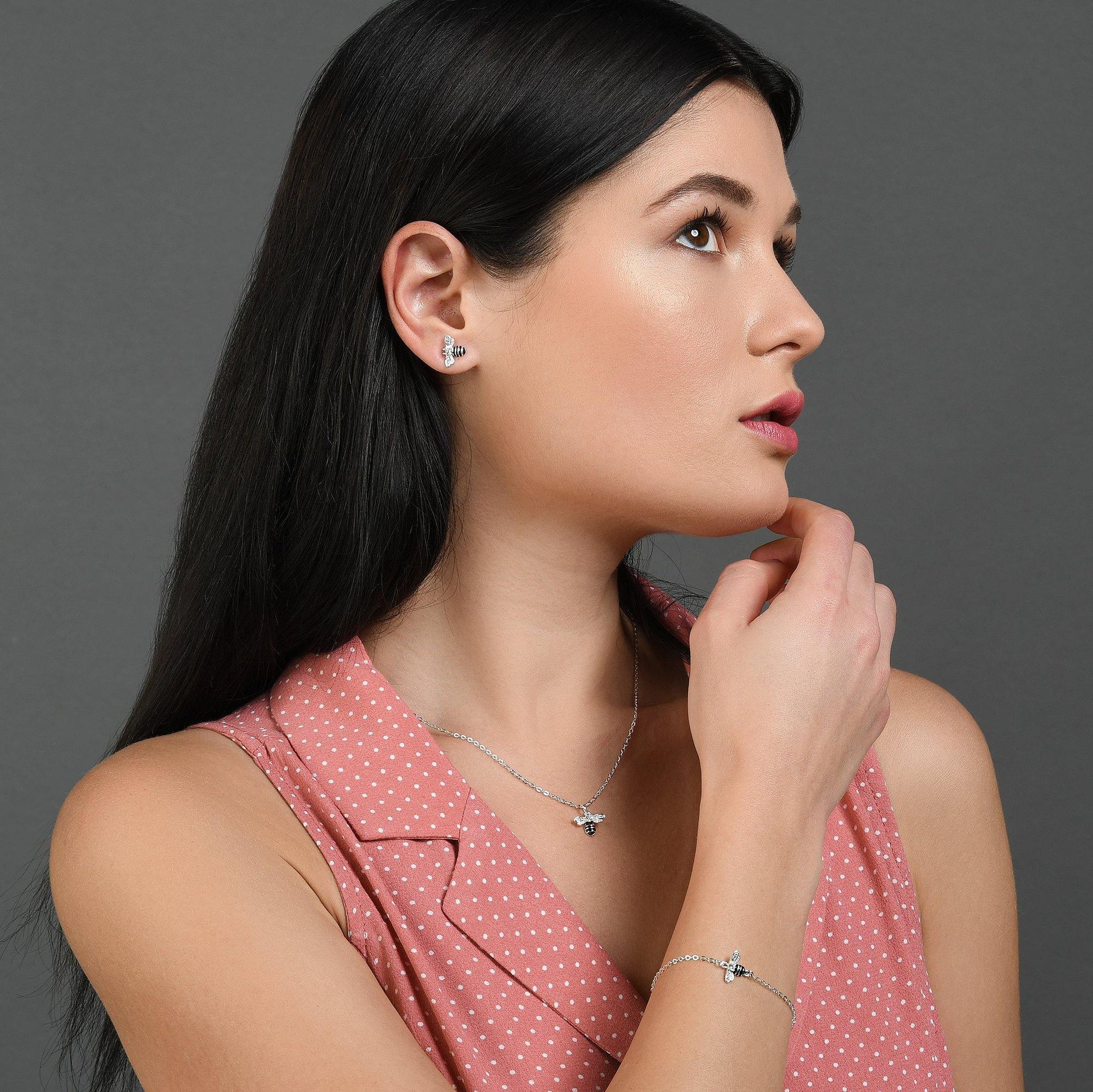 Bumble Bee Stud Earrings with Cubic Zirconia and Black Enamel - namana.london