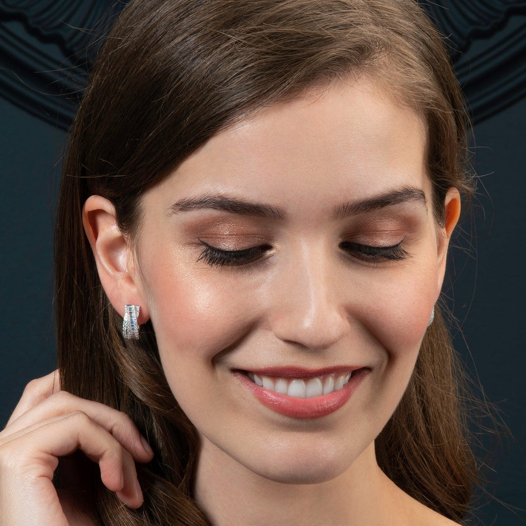 Sterling Silver Large Hoop Earrings for Women with Baguette Stones
