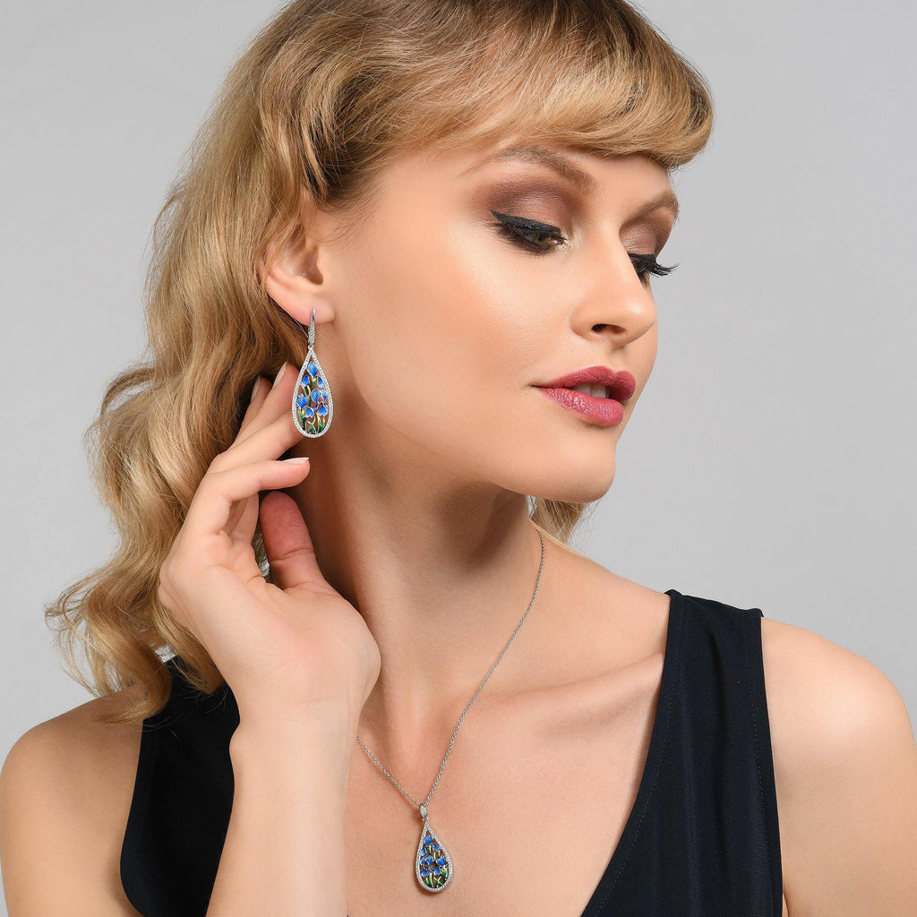 Sterling Silver Statement Drop Earrings for Women with Enamel Flower Details and Cubic Zirconia Gemstones - namana.london
