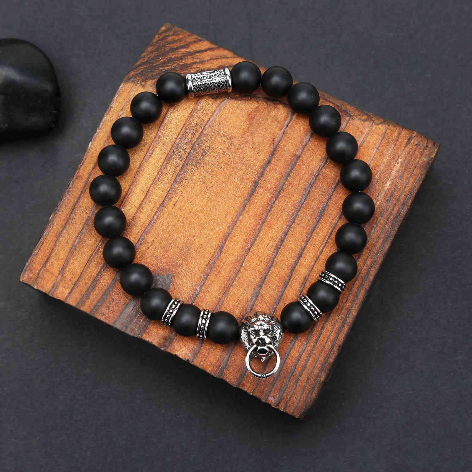 Black Bead Stretch Bracelet for Men with a Lion Head - namana.london