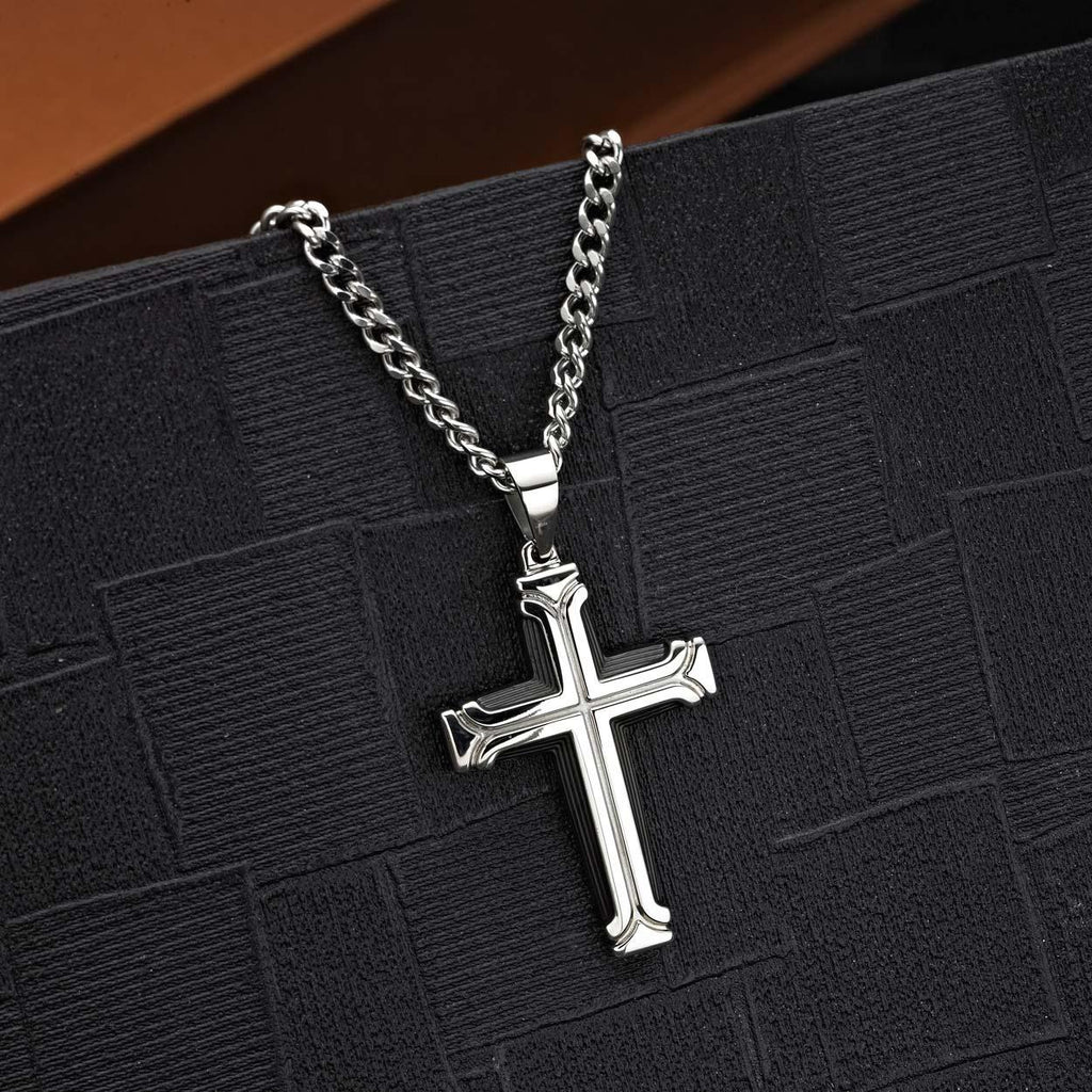 Large Black and Steel Cross Pendant Necklace for Men - namana.london