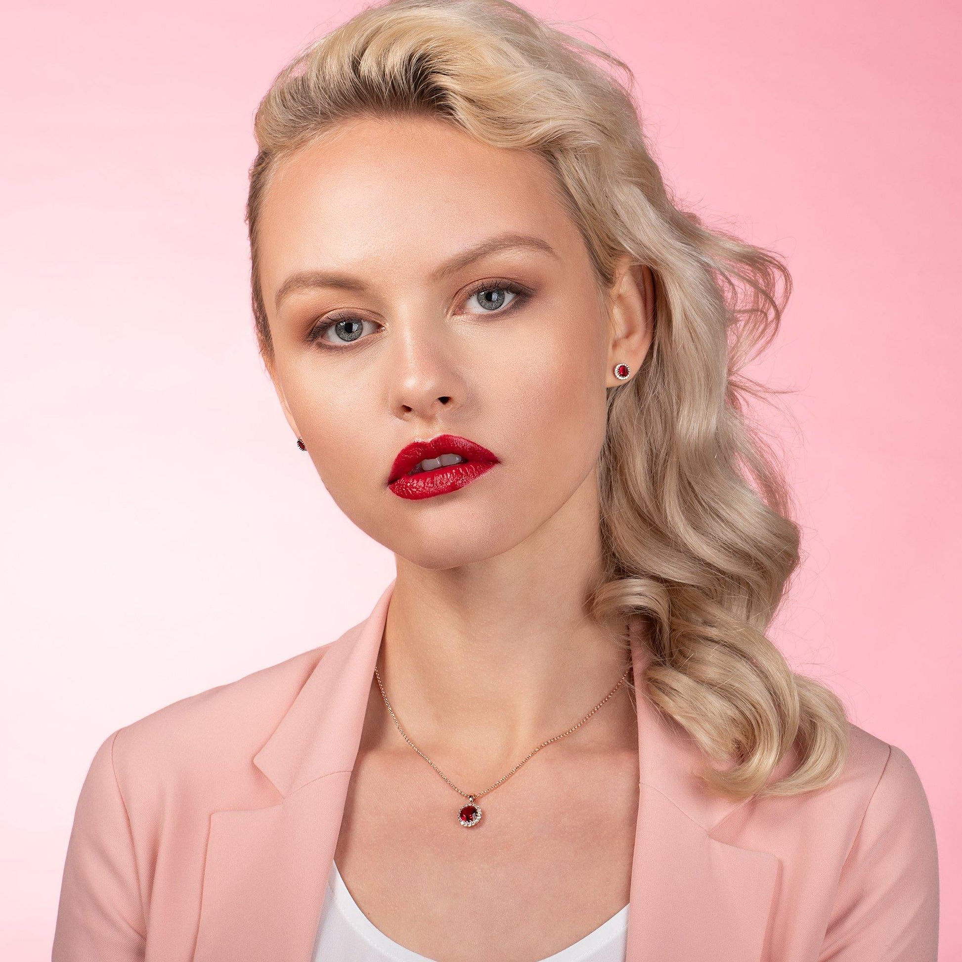 Rose Gold Halo Pendant Necklace with a Red Cubic Zirconia Stone - namana.london