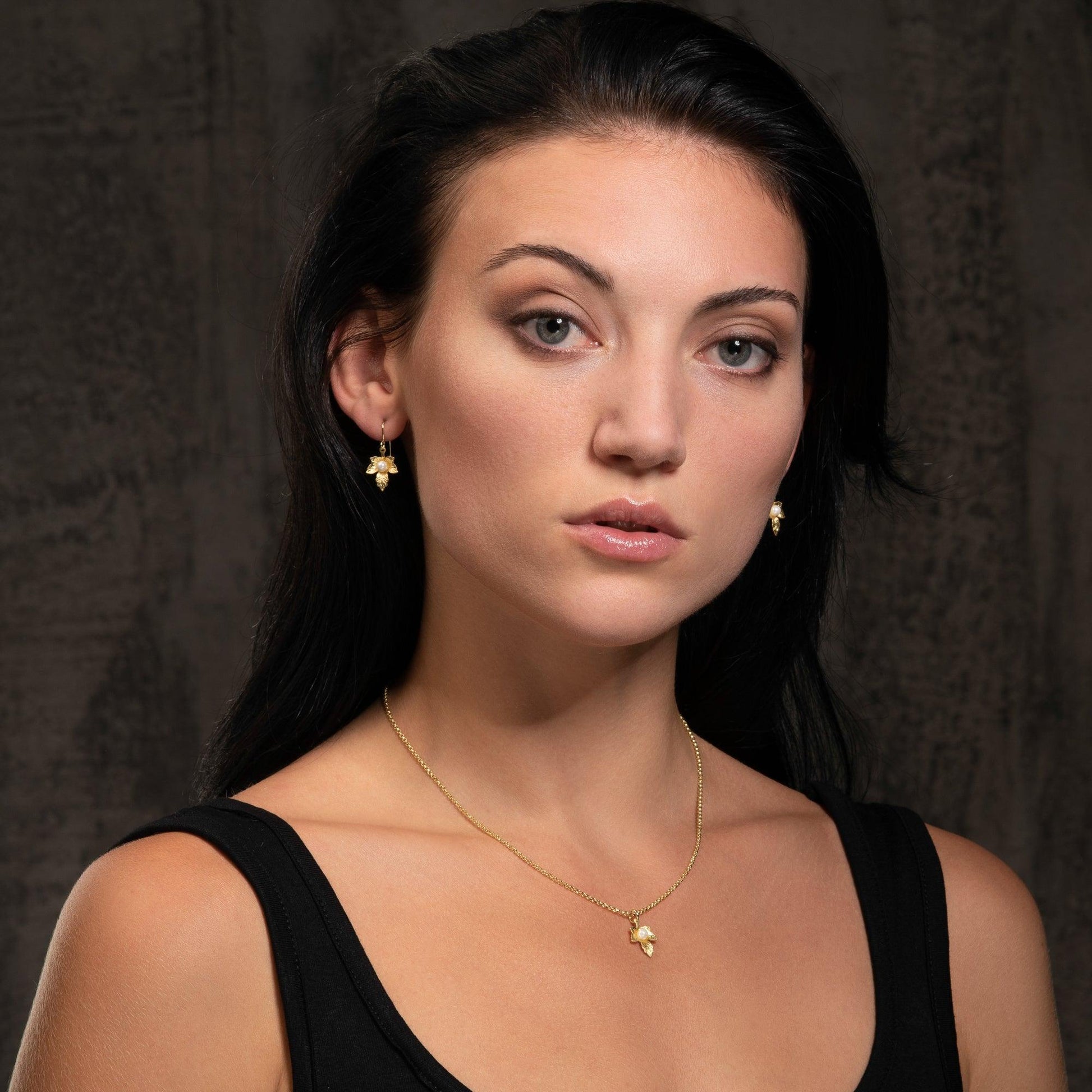 Cute Gold Leaf Pearl Drop Earrings for Women - namana.london