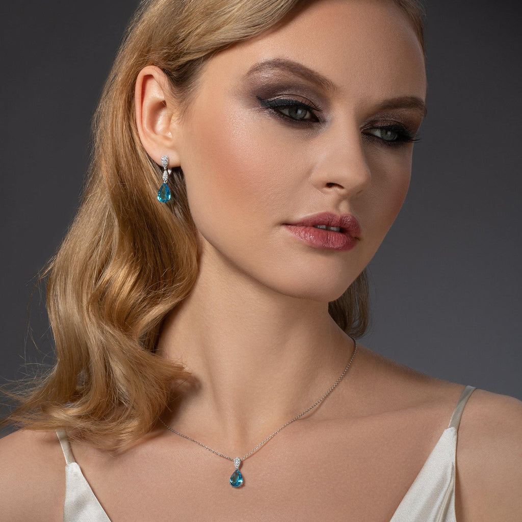 Sterling Silver Light Blue Teardrop Pendant Necklace for Women