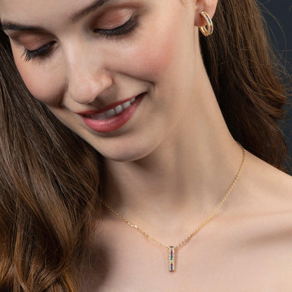 Gold Rainbow Bar Pendant Necklace with Coloured Zirconia Stones - namana.london