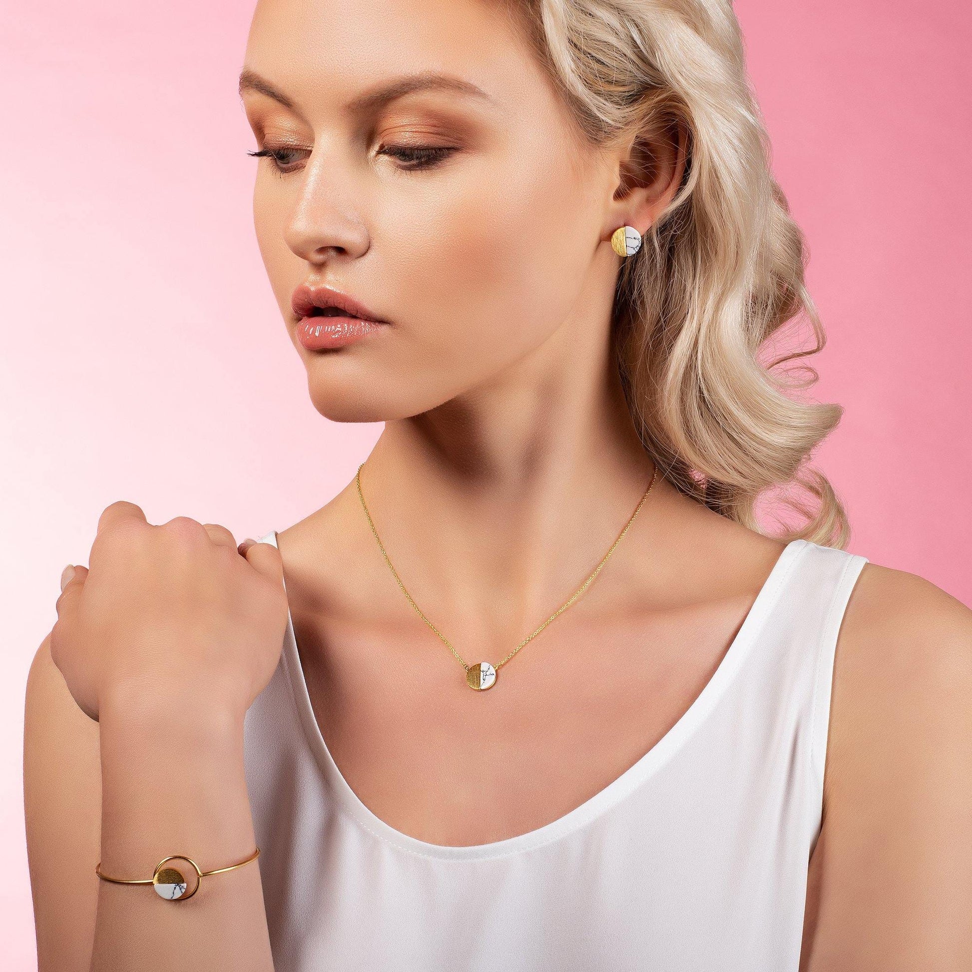 Gold Disc Pendant Necklace with a Created White Agate - namana.london