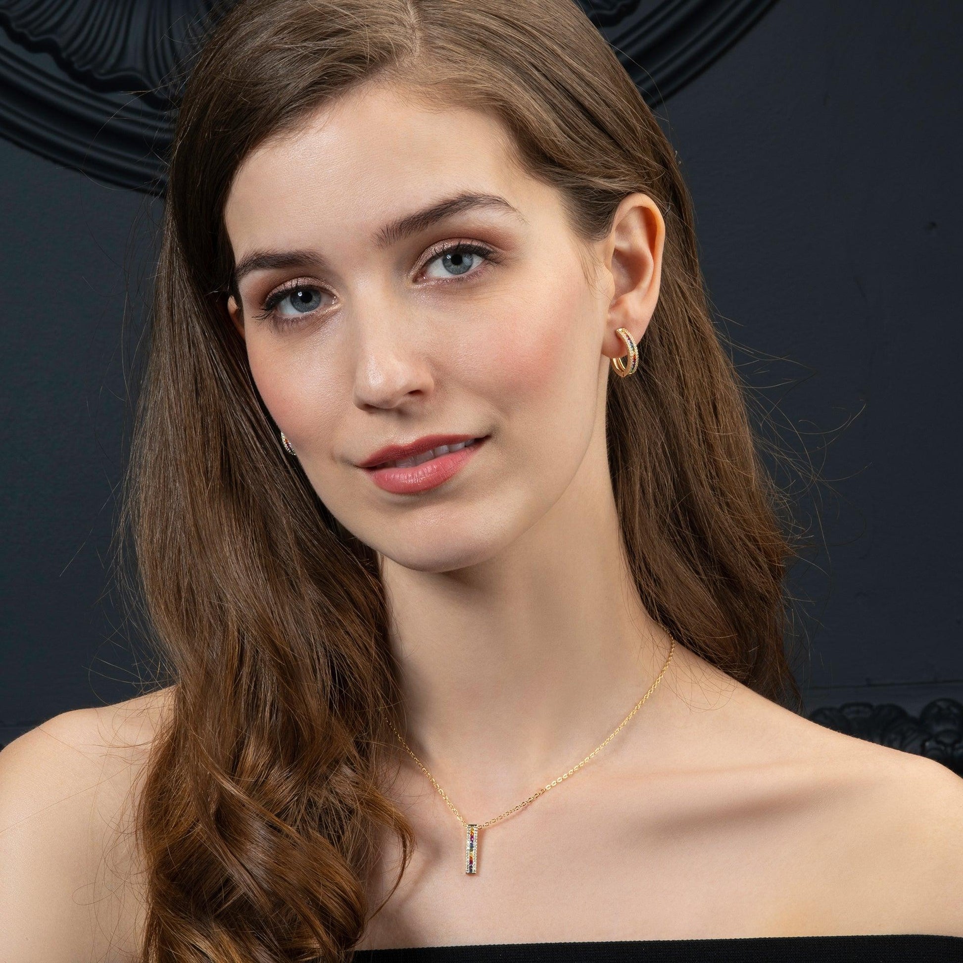 Gold Rainbow Bar Pendant Necklace with Coloured Zirconia Stones - namana.london