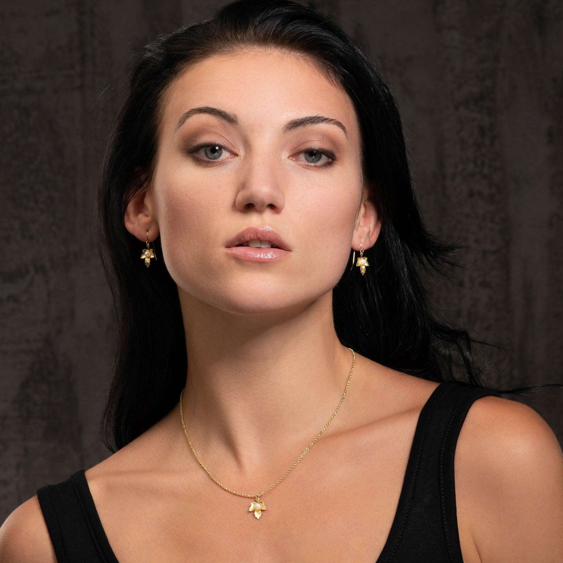 Cute Gold Leaf Pearl Drop Earrings for Women - namana.london